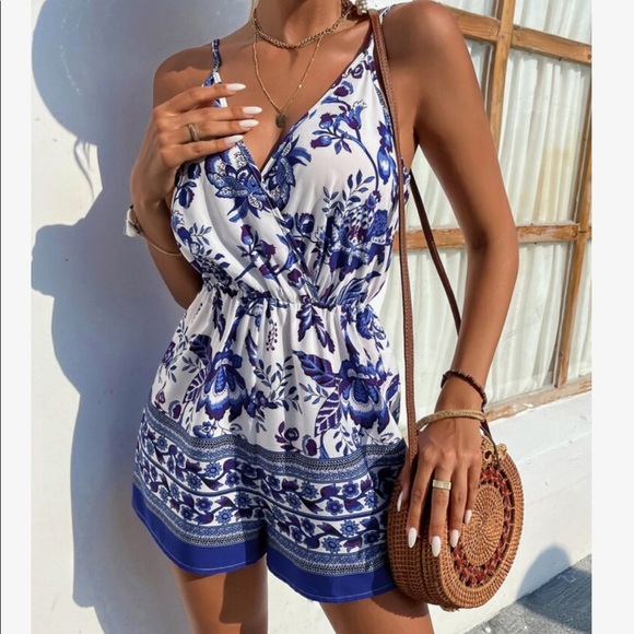 Boho Floral Paisley Print Surplice Neck Cami Romper - Picture 6 of 12